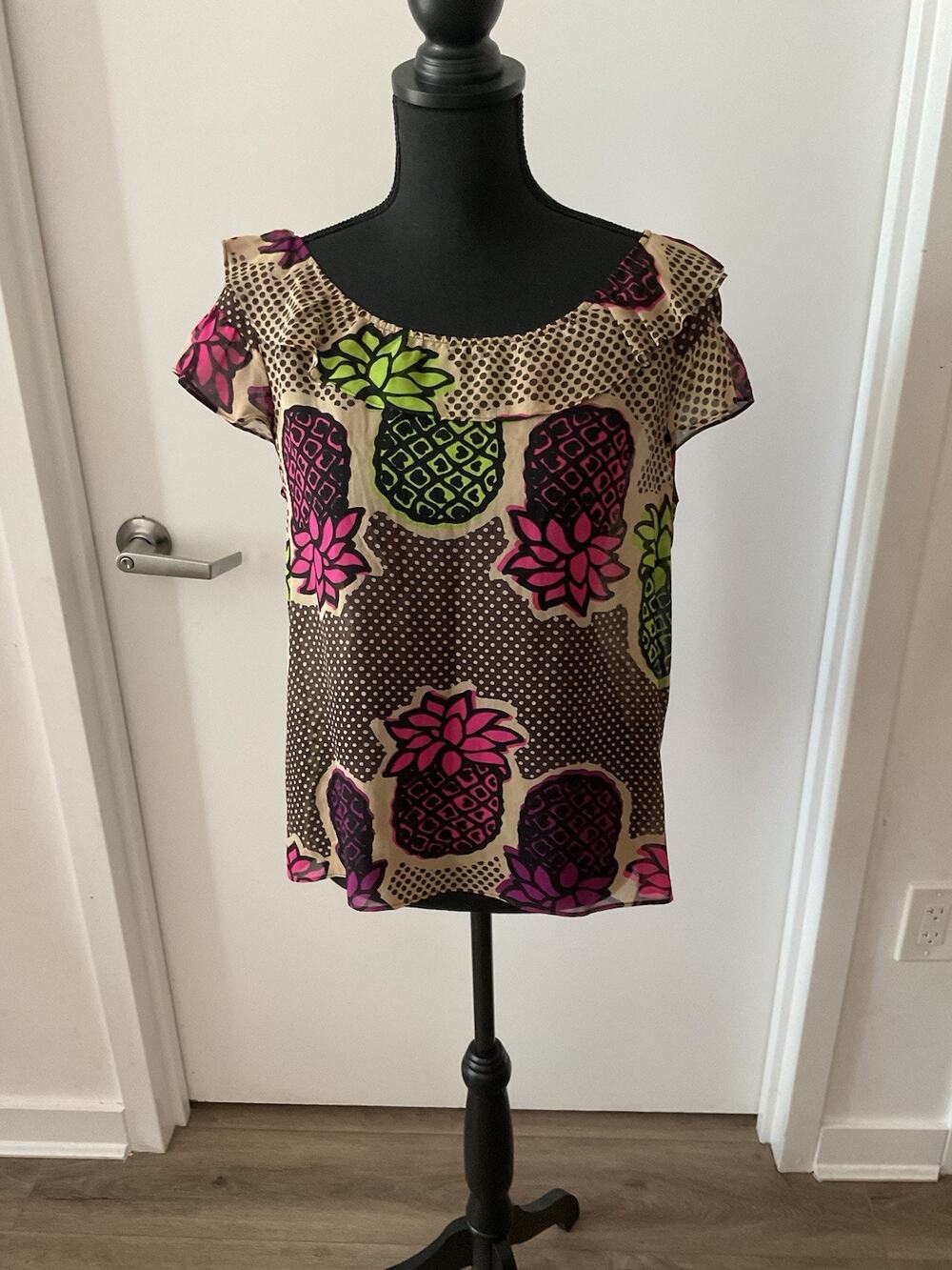 Vtg Moschino Cheap And Chic Pineapple Polka Dot Blouse Top Y2K Silk Size 10